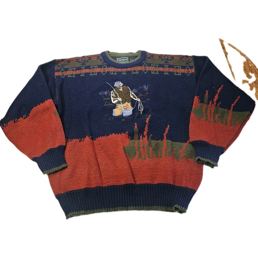 Vintage Czmpus Embroidered Fly Fishing Knit Sweater Large Hunting Maroon